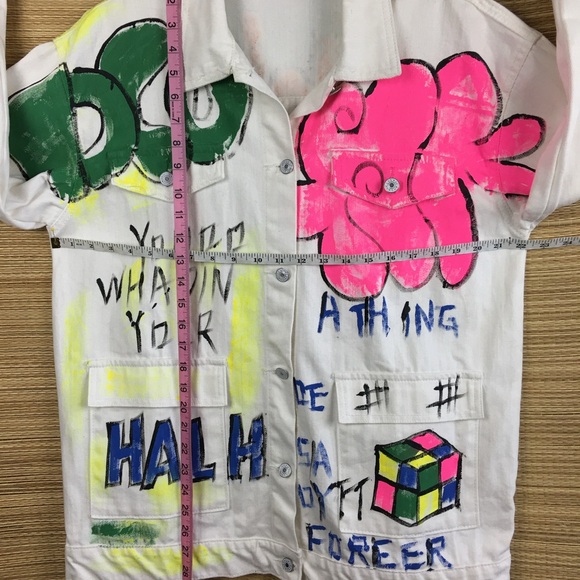 Aikha Handmade Graffiti Hand Painted Denim Jeans Jacket in White Size M/L - Picture 11 of 16